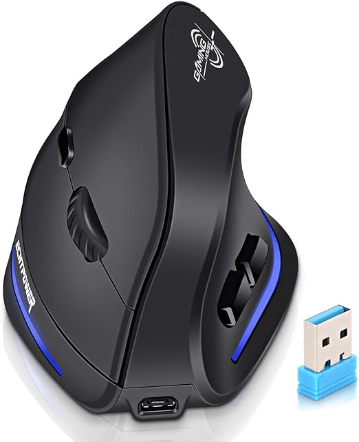 ECHTPower Souris Verticale sans Fil, 2.4GHz Rechargeable Souris Ergonomique, Mouse Verticale Droitier DPI Réglable, Interrupteur on/Off