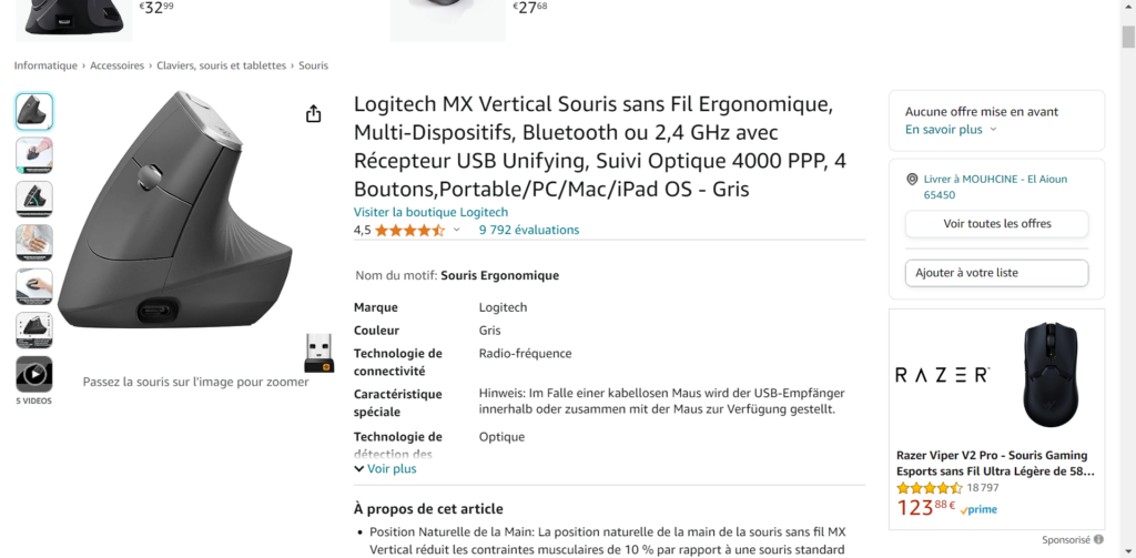 Logitech MX Vertical Souris sans Fil Ergonomique, Multi-Dispositifs, Bluetooth ou 2,4 GHz avec Récepteur USB Unifying, Suivi Optique 4000 PPP, 4 Boutons,Portable/PC/Mac/iPad OS - Gris