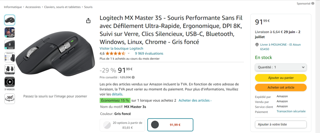 Logitech MX Master 3S - Souris Performante Sans Fil avec Défilement Ultra-Rapide, Ergonomique, DPI 8K, Suivi sur Verre, Clics Silencieux, USB-C, Bluetooth, Windows, Linux, Chrome - Gris foncé