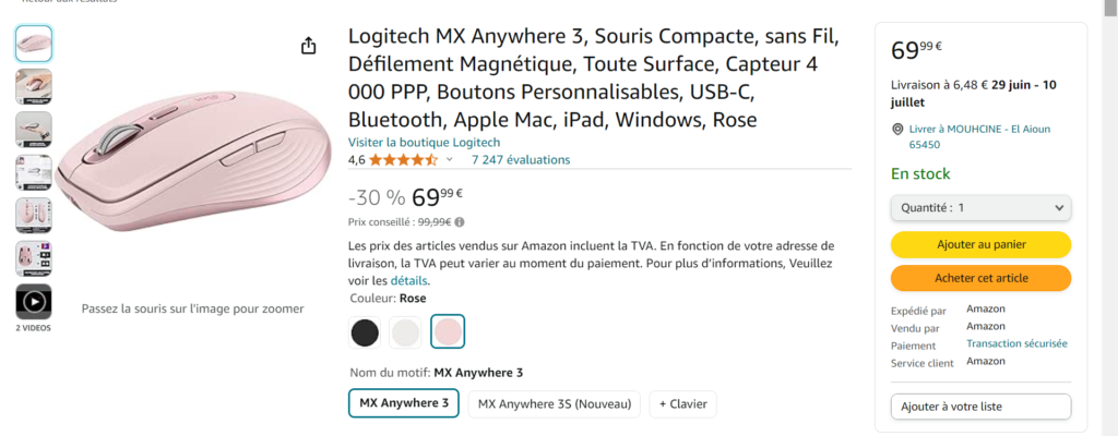 Logitech MX Anywhere 3, Souris Compacte, sans Fil, Défilement Magnétique, Toute Surface, Capteur 4 000 PPP, Boutons Personnalisables, USB-C, Bluetooth, Apple Mac, iPad, Windows, Rose