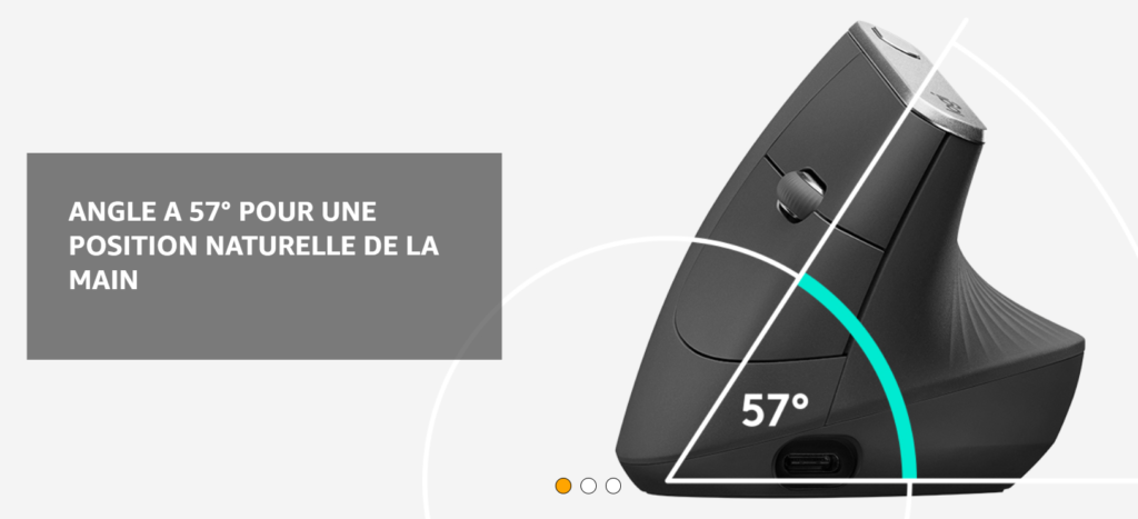L'angle vertical unique à 57° de la souris MX Vertical contribue significativement à réduire la pression exercée sur le poignet de l'utilisateur.