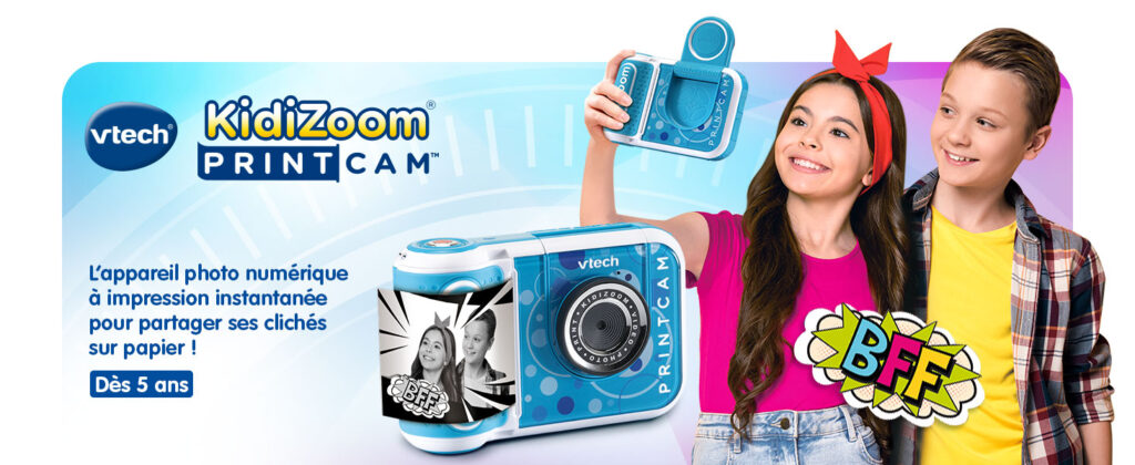 VTech - KidiZoom Print Cam Bleu, Appareil Photo Enfant à Impression Instantanée, Photo, Selfie, Vidéo, Écran Couleur, Filtres et Effets Rigolos, Cadeau Enfant Dès 5 Ans - Contenu en Français