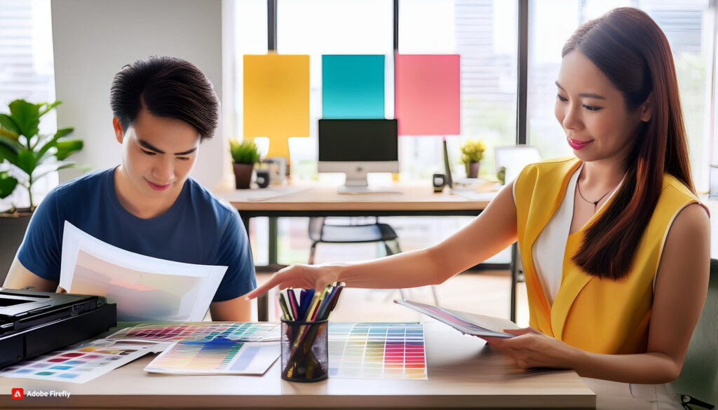 Un intérieur de bureau à domicile contemporain présentant un espace lumineux et bien éclairé avec des meubles modernes. Un homme d'origine asiatique et une femme caucasienne collaborent, entourés d'imprimés colorés et de papiers sur le bureau. Les équipements d'impression élégants et les cartouches d'encre spécialisées 302 sont affichés de manière prominente. L'atmosphère est dynamique et productive, mettant en valeur l'efficacité grâce à l'agencement des objets et à l'interaction entre les deux personnes.